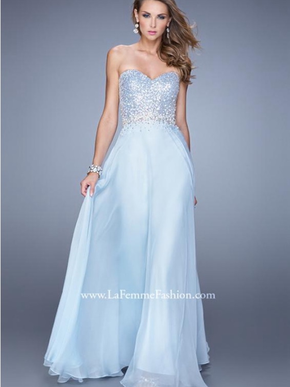 La Femme Powder Blue Strapless Beaded Chiffon Gown